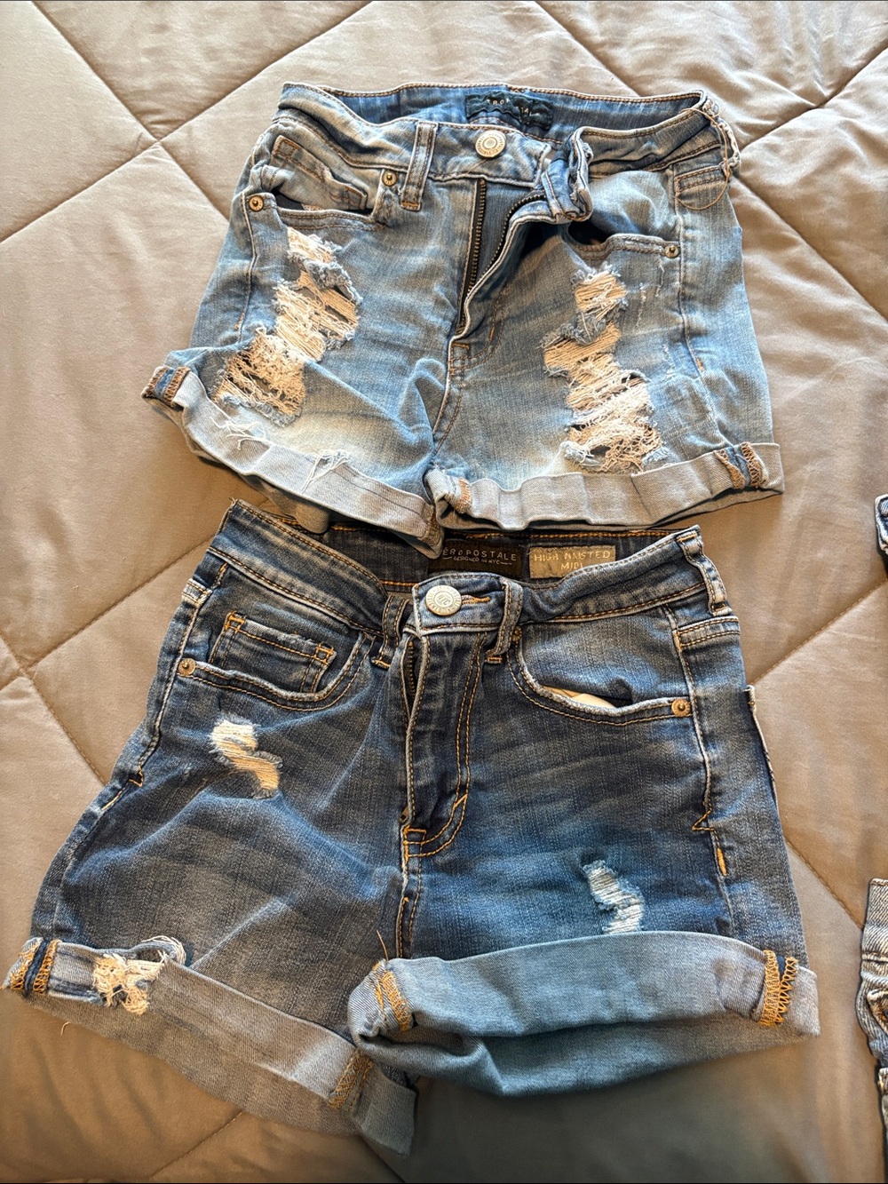 Aeropostale Ripped Rolled-Hem Denim Shorts in Light and Medium Blue